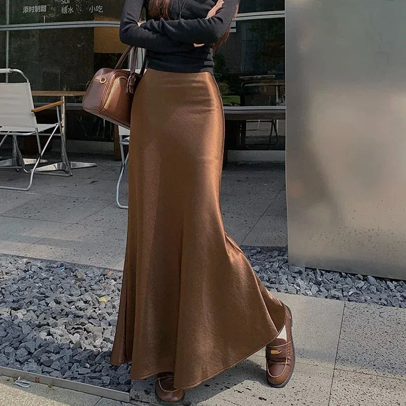 LVSANW High Quality High Waisted Satin Skirt Women 2025 Elegant  Fishtail Long Skirt Female French Slim Fit Black Long Faldas Mujer