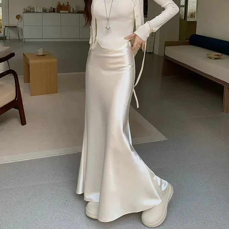 LVSANW High Quality High Waisted Satin Skirt Women 2025 Elegant  Fishtail Long Skirt Female French Slim Fit Black Long Faldas Mujer