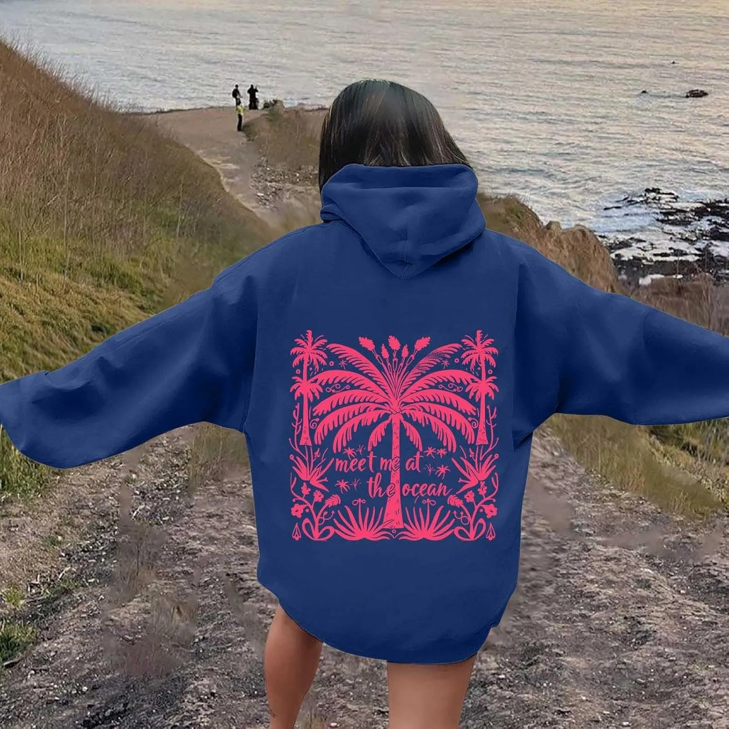 Meet Me at The Ocean Hoodies Sweatshirt for Women 2024 Oversized Y2k Hooded Shirt Trendy Beach Sweatshirs Tops