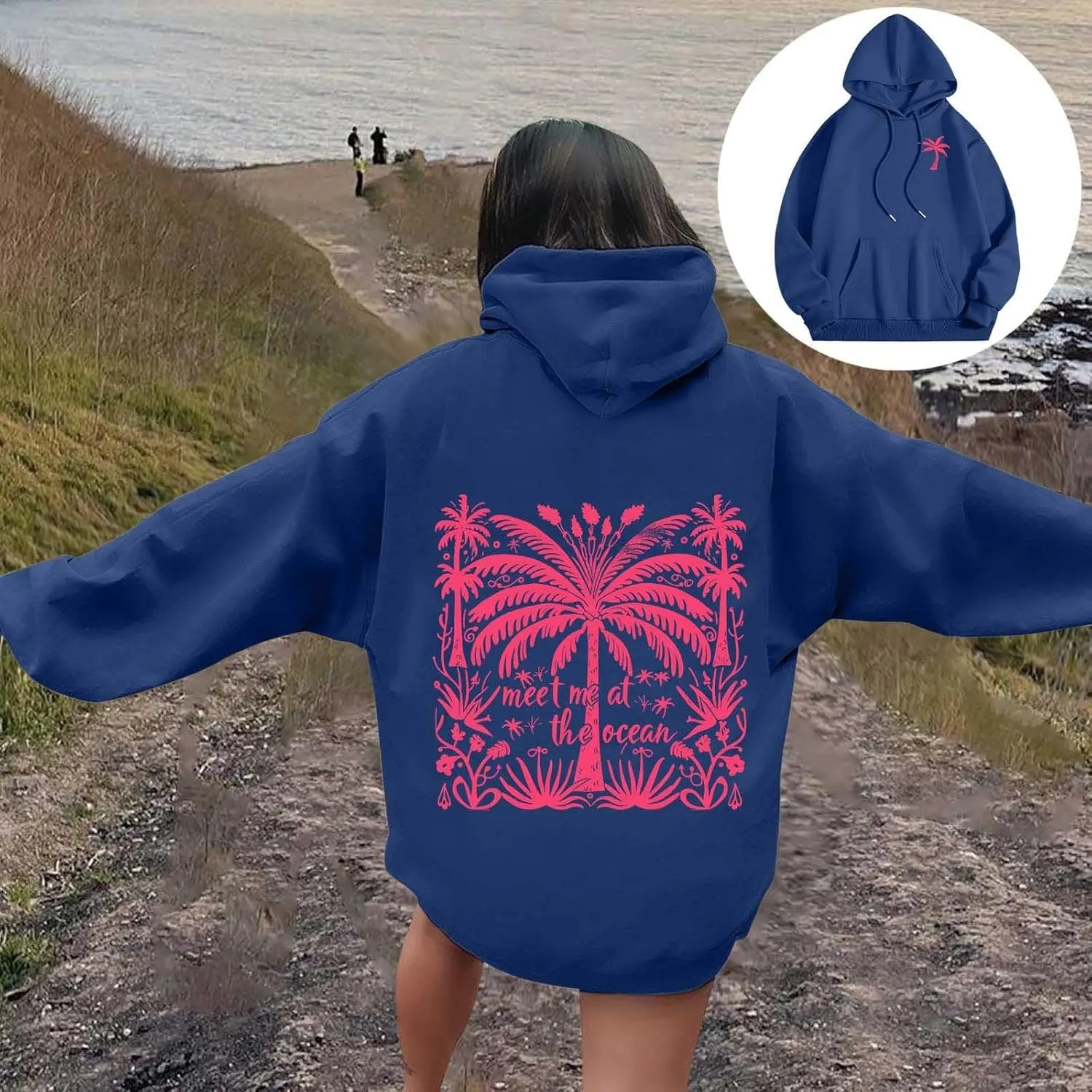 Meet Me at The Ocean Hoodies Sweatshirt for Women 2024 Oversized Y2k Hooded Shirt Trendy Beach Sweatshirs Tops