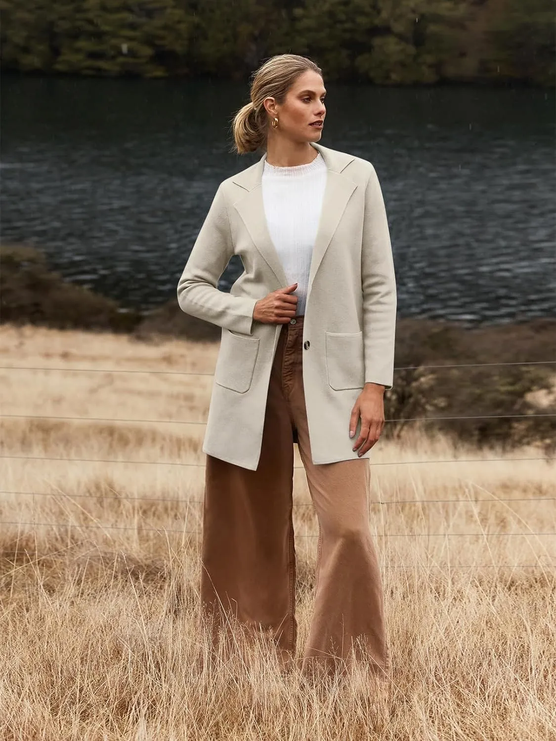 MEROKEETY Womens Open Front Cardigan Coat Long Sleeve Lapel Casual Knit Button Sweater Jackets with Pockets