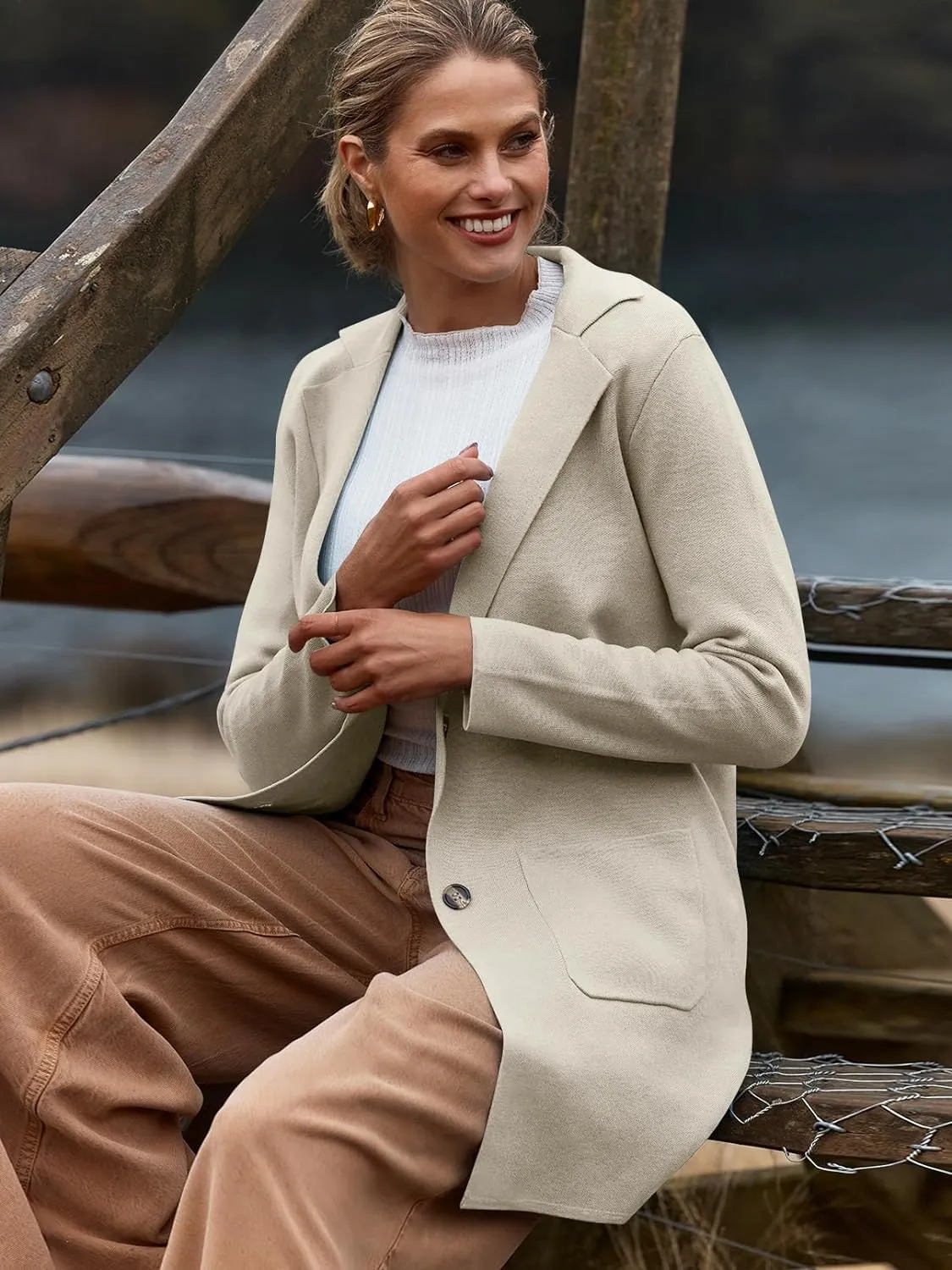 MEROKEETY Womens Open Front Cardigan Coat Long Sleeve Lapel Casual Knit Button Sweater Jackets with Pockets