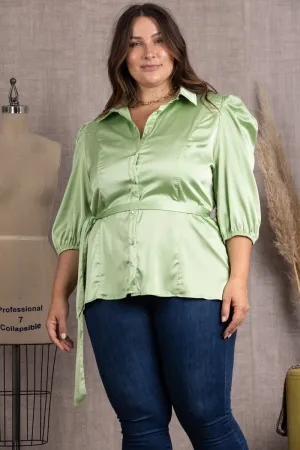 MINT SATIN COLLARED TIE WAIST PLUS SIZE TOP-B51701WX