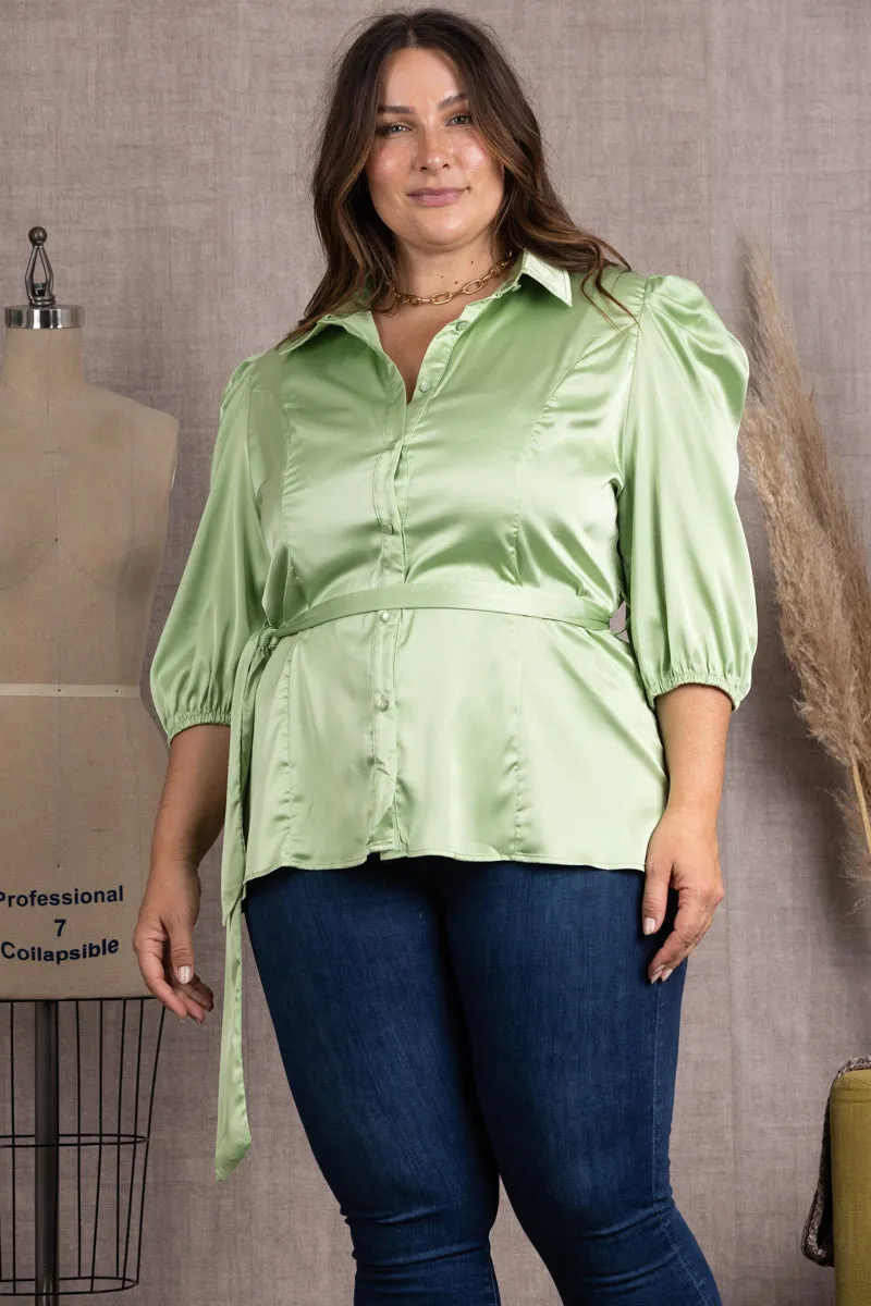 MINT SATIN COLLARED TIE WAIST PLUS SIZE TOP-B51701WX