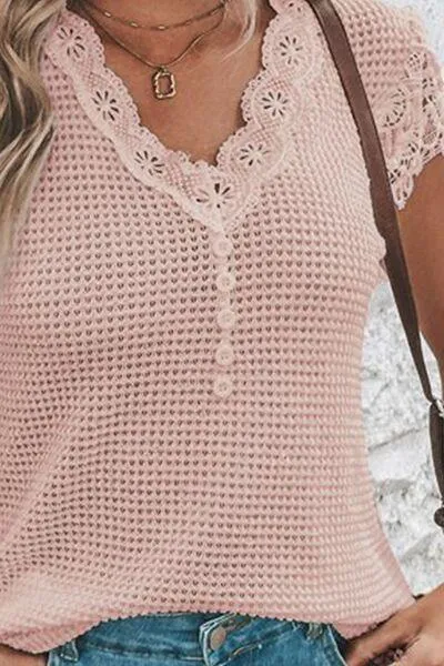 Modest Waffle Knit Short Sleeve Lace Trim Blouse
