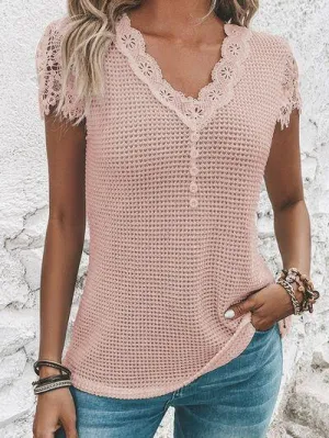 Modest Waffle Knit Short Sleeve Lace Trim Blouse