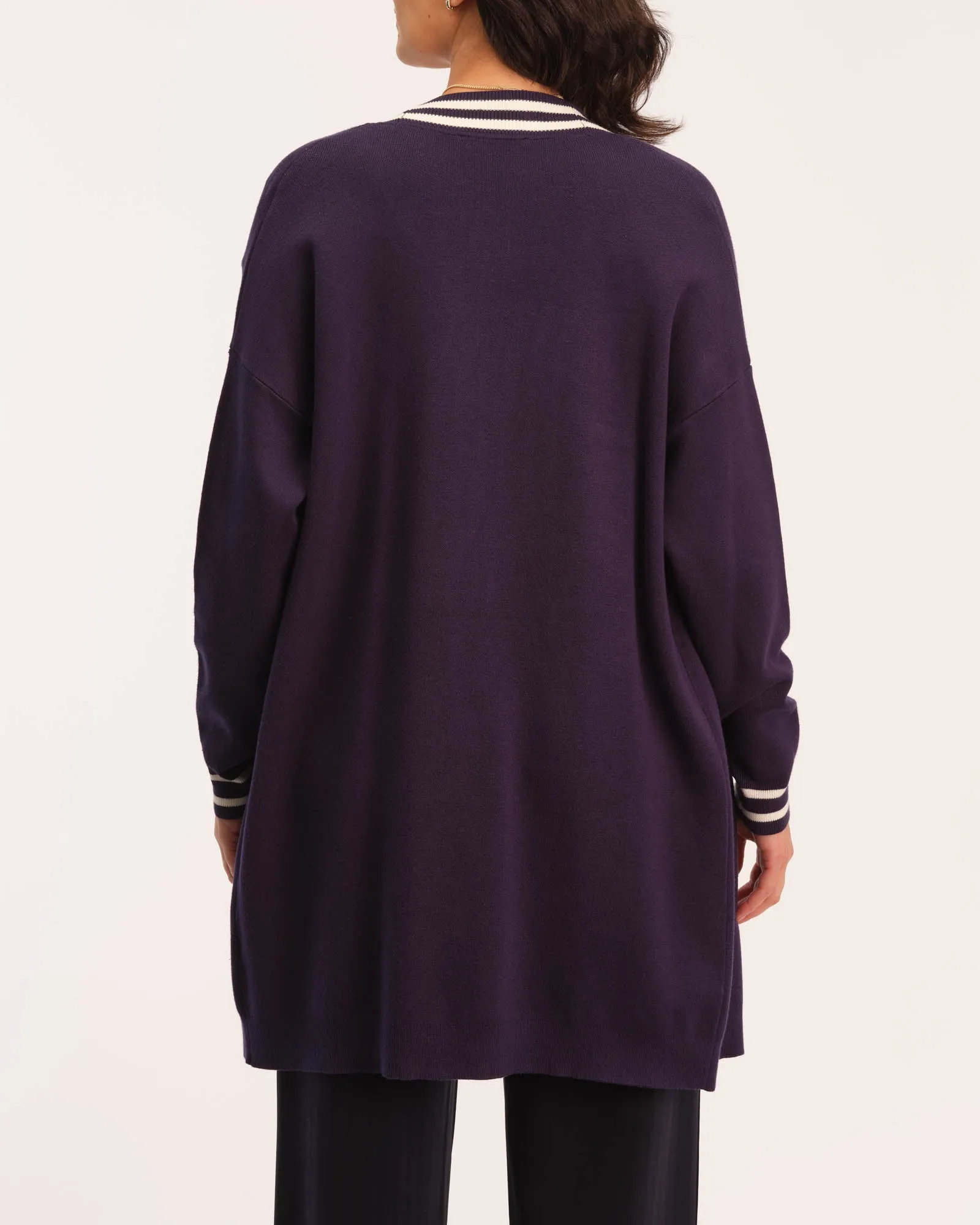 Open Front Striped Trim Cardigan