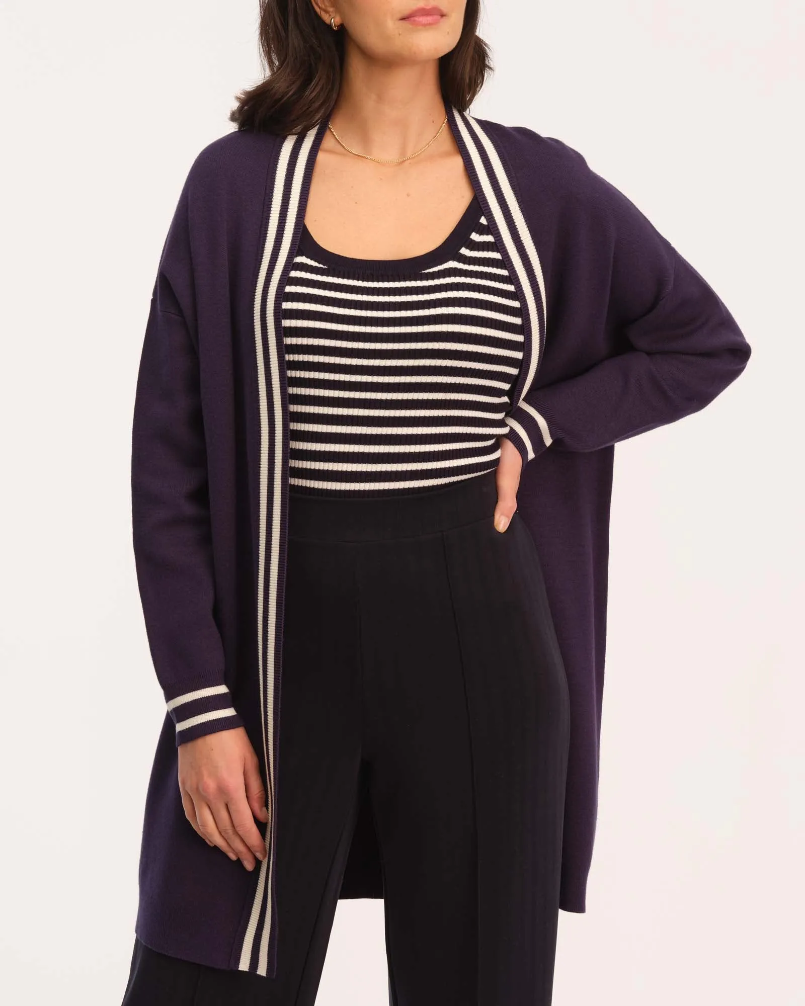 Open Front Striped Trim Cardigan