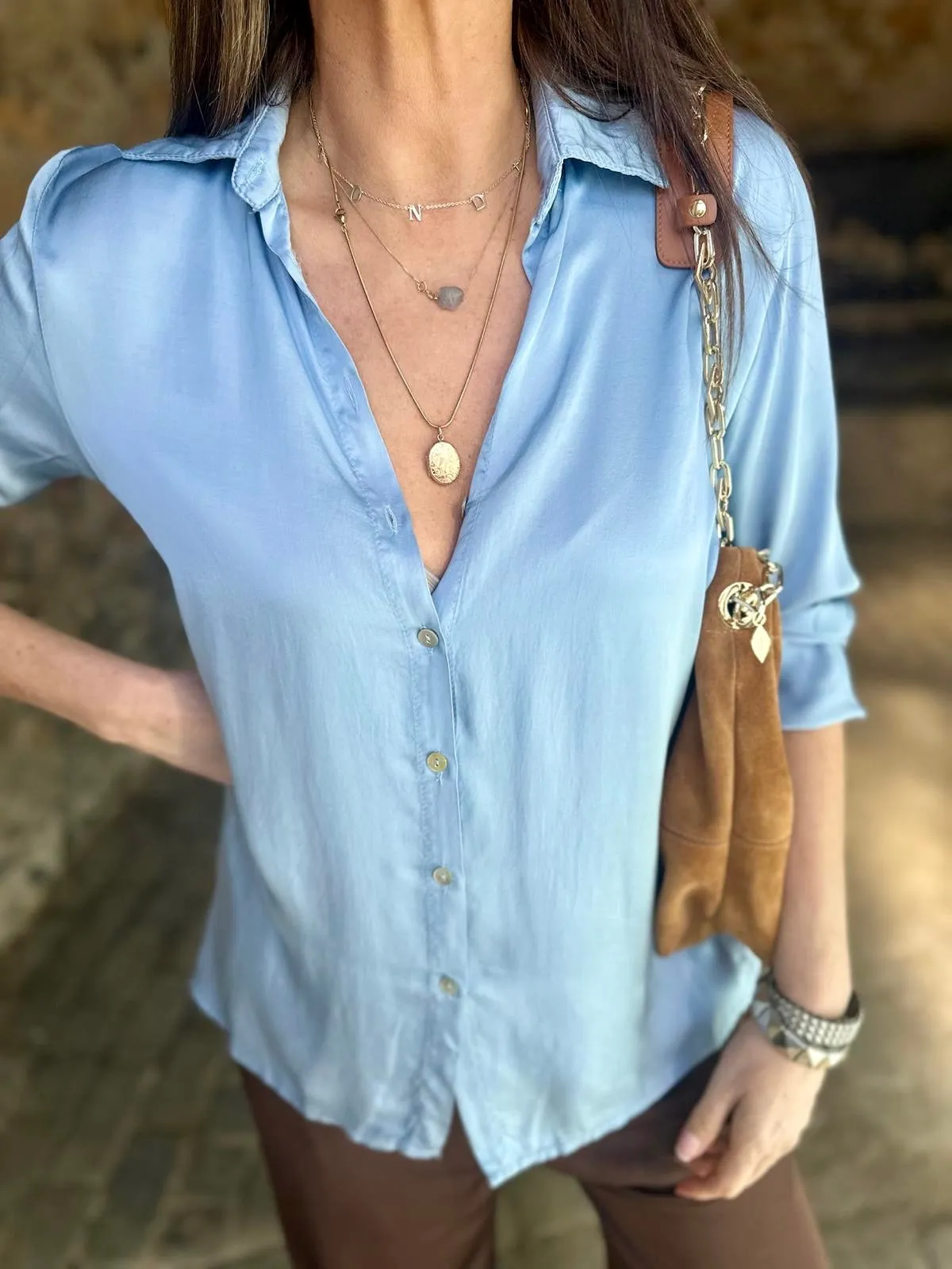 Ray Silk Blend Blouse - Powder Blue
