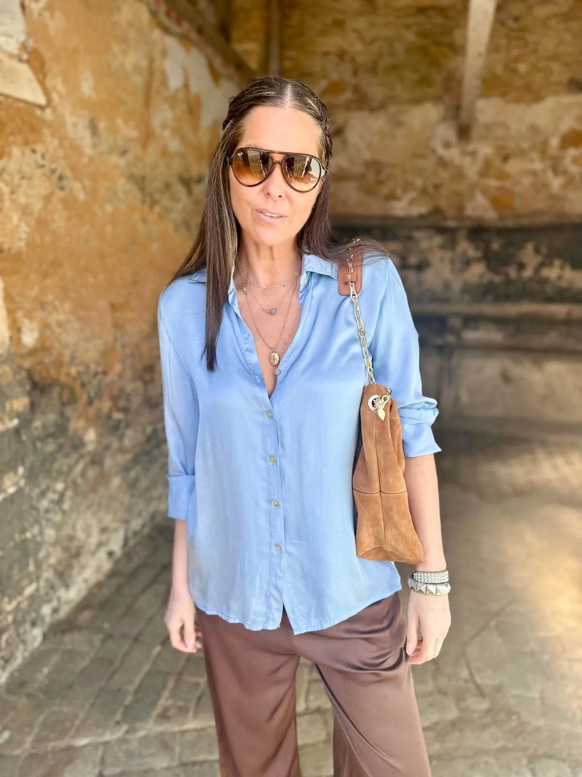 Ray Silk Blend Blouse - Powder Blue