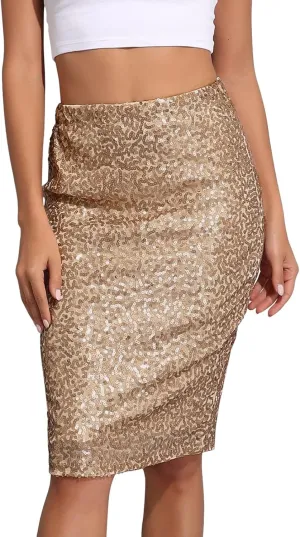 Sequin Skirt for Women, Sparkly Skirts, Sexy Glitter High Waisted Casual Midi Skirt Bodycon for Holiday/Party/Disco