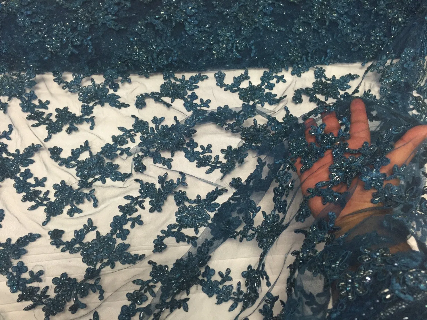 Slate Blue flower tiara design embroider and beaded on a mesh lace-prom-nightgown-decorations-dresses-Sold by the yard.