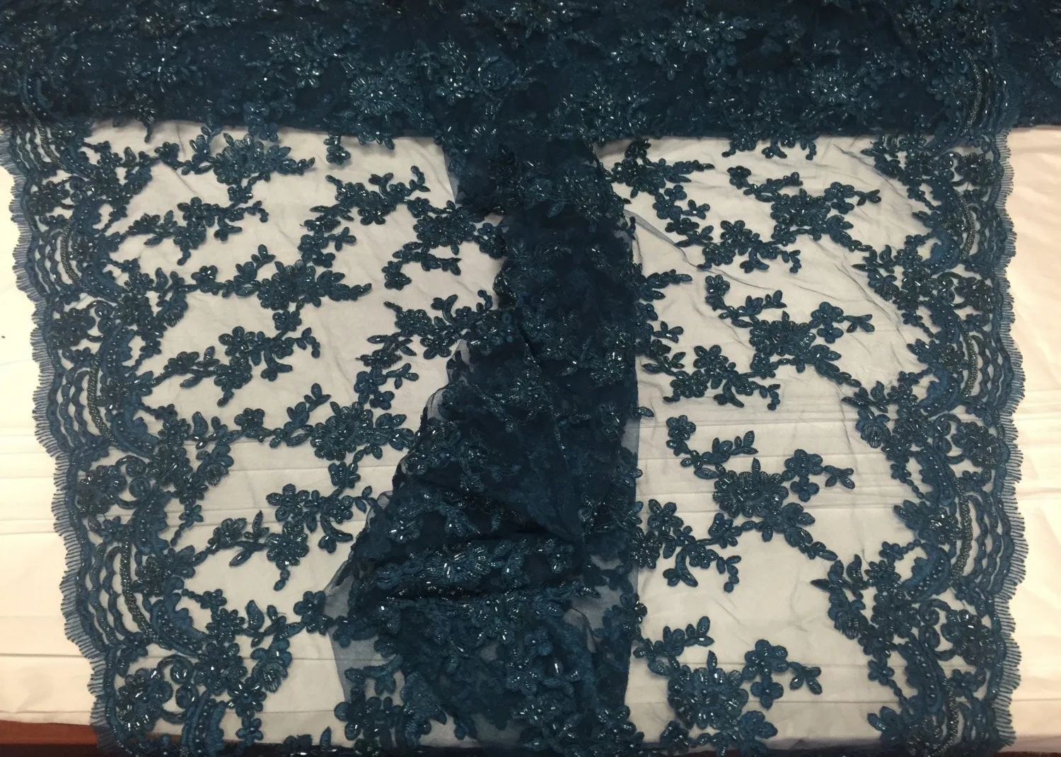 Slate Blue flower tiara design embroider and beaded on a mesh lace-prom-nightgown-decorations-dresses-Sold by the yard.