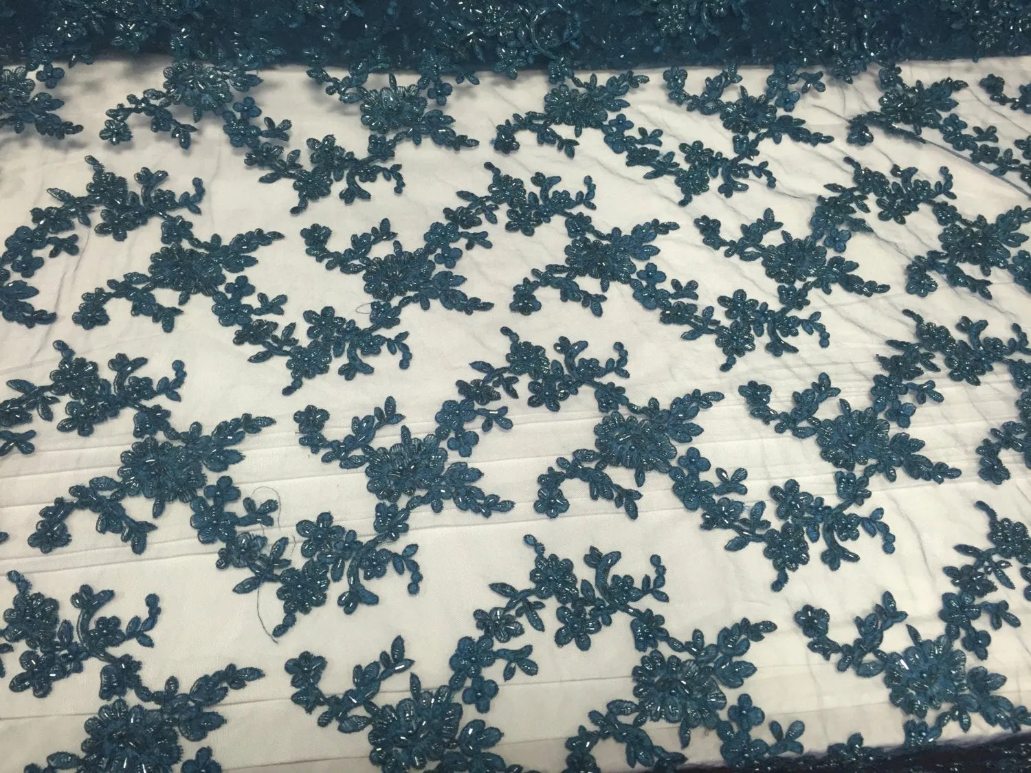 Slate Blue flower tiara design embroider and beaded on a mesh lace-prom-nightgown-decorations-dresses-Sold by the yard.