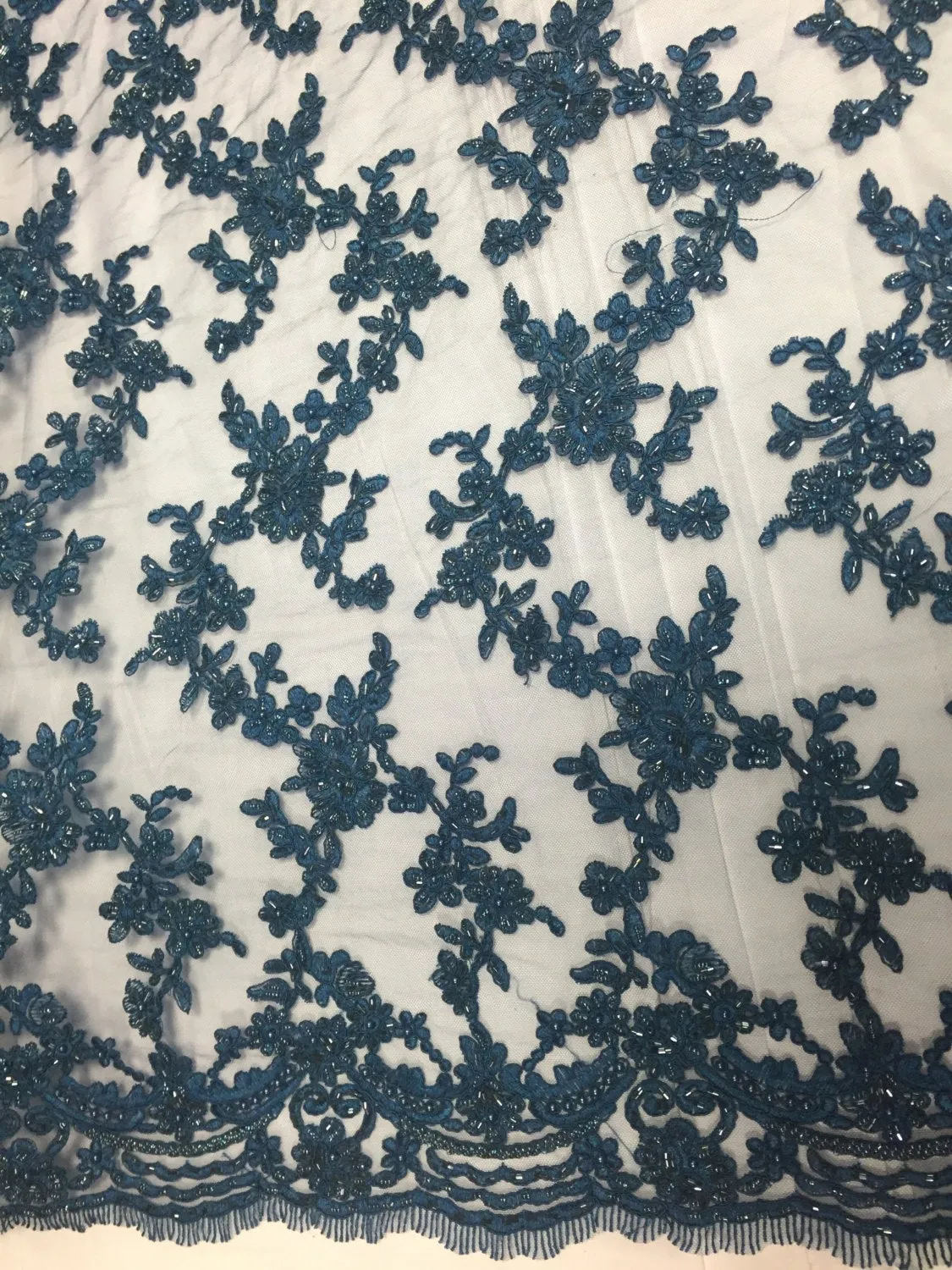 Slate Blue flower tiara design embroider and beaded on a mesh lace-prom-nightgown-decorations-dresses-Sold by the yard.
