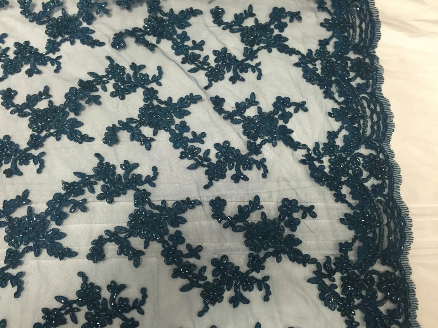 Slate Blue flower tiara design embroider and beaded on a mesh lace-prom-nightgown-decorations-dresses-Sold by the yard.
