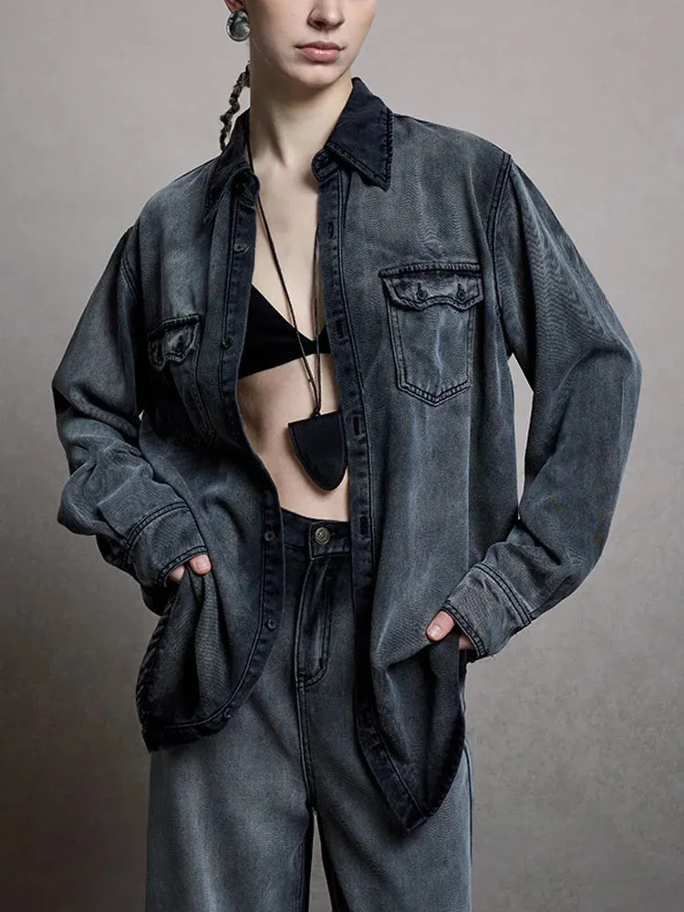 Solid Loose Denim Blouses For Women Lapel Long Sleeve Patchwork Single Breasted Minimalist Retro Shirts Female New