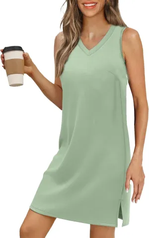 T Shirt Dresses for Women 2025 Summer Casual Mini Dress V-Neck Sleeveless Short Dress Side Split Tank Tshirt Sundress