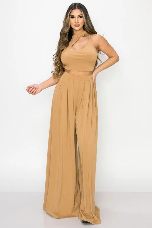 TRENDY BASICS CUT-OUT MOCK NECK TOP AND PANTS SET