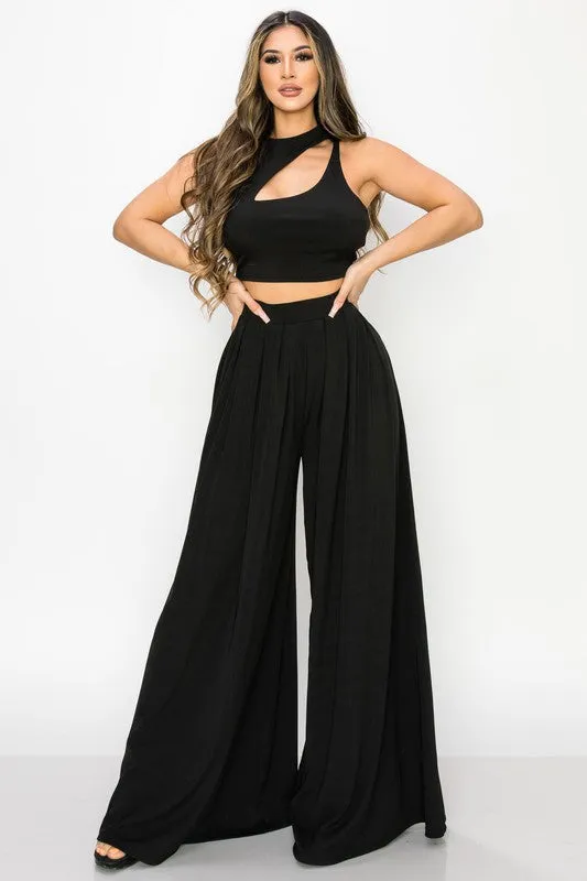 TRENDY BASICS CUT-OUT MOCK NECK TOP AND PANTS SET