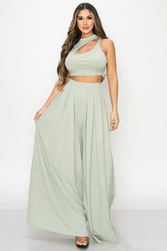 TRENDY BASICS CUT-OUT MOCK NECK TOP AND PANTS SET