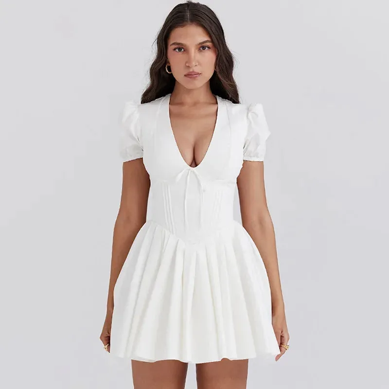 White V-neck Puff Sleeve Corset Mini Dress