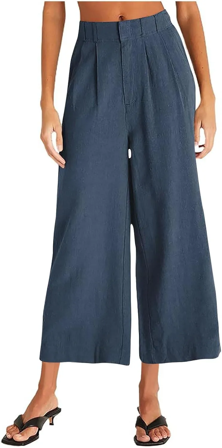 Wide Leg Pants Woman Summer Linen High Waisted Flowy Pleated Capri Pants 2025 Fashion Dressy Casual Cropped Trousers