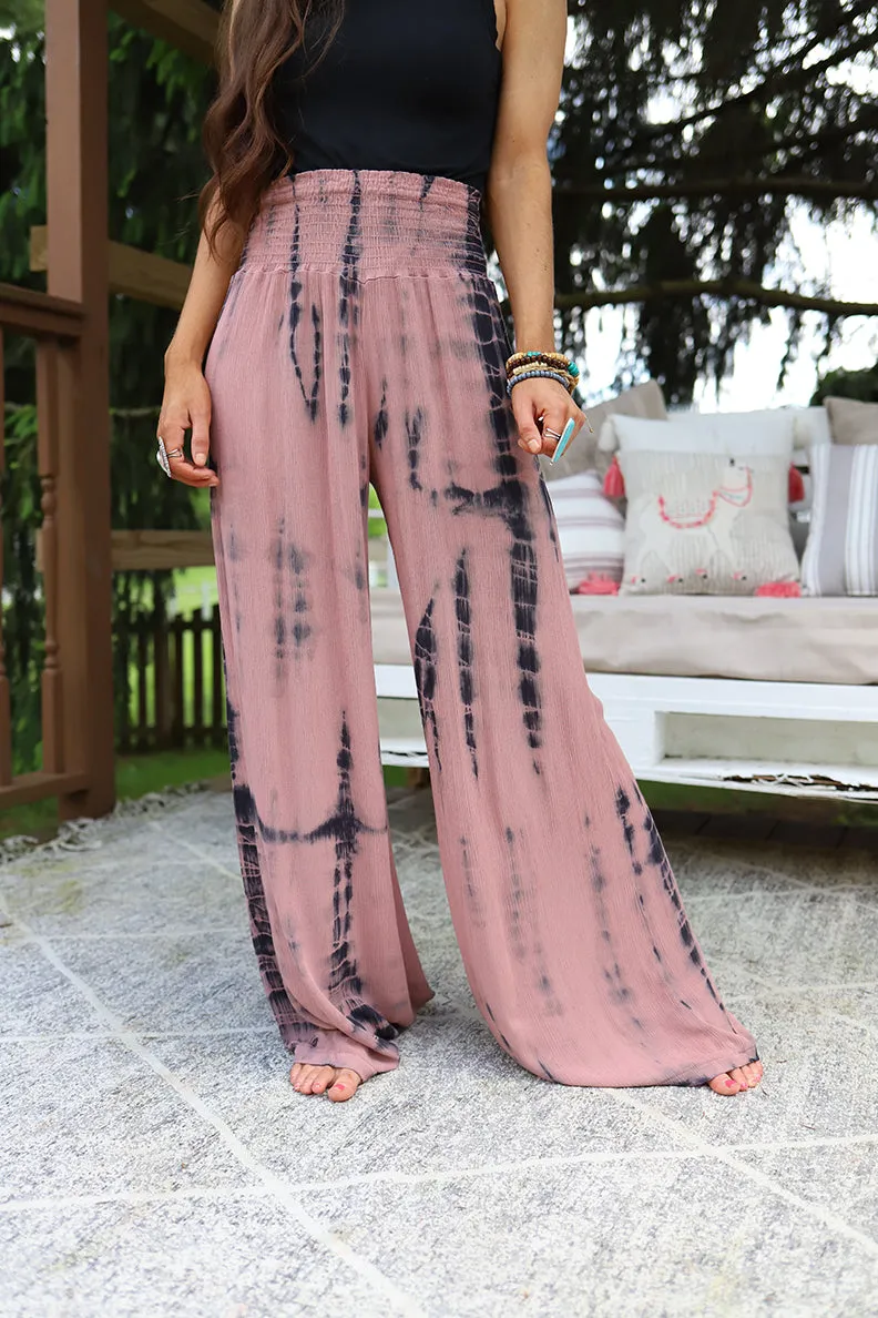 Wild Spirit Tie Dye Smocked Palazzo Pants - Deep Mauve