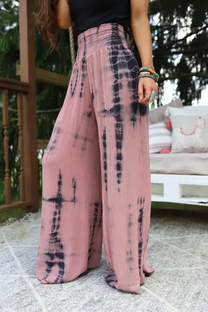 Wild Spirit Tie Dye Smocked Palazzo Pants - Deep Mauve