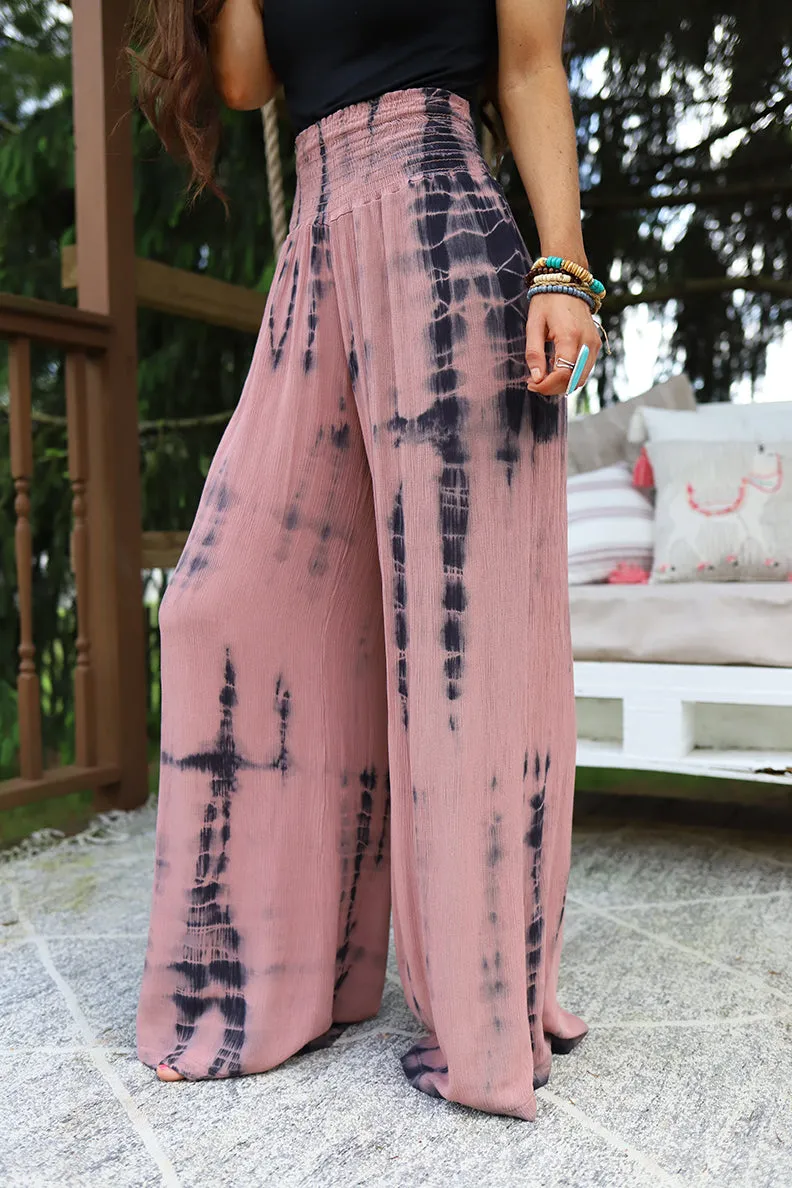 Wild Spirit Tie Dye Smocked Palazzo Pants - Deep Mauve