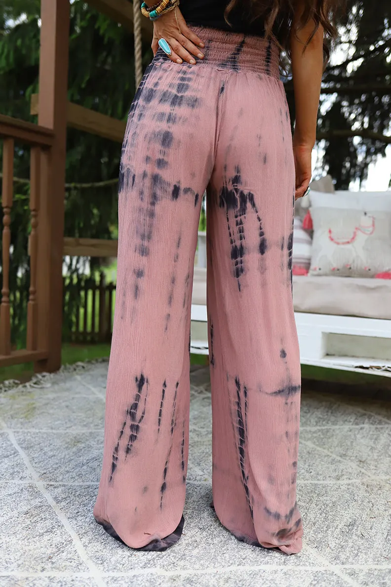 Wild Spirit Tie Dye Smocked Palazzo Pants - Deep Mauve