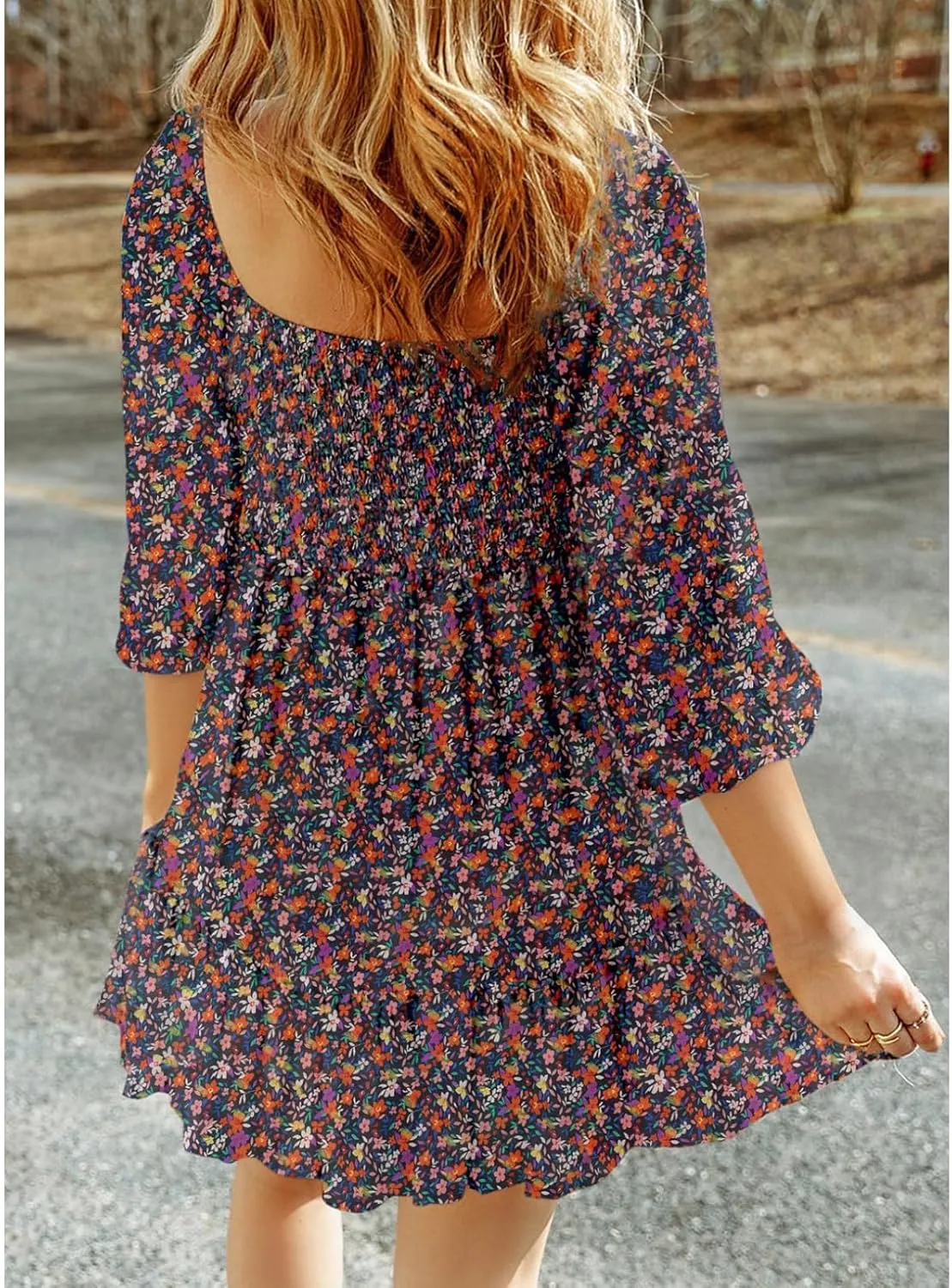 Womens Boho Floral Dresses Smocked Square Neck Puff Sleeve Dress Casual A-Line Swing Mini Vacation Dress