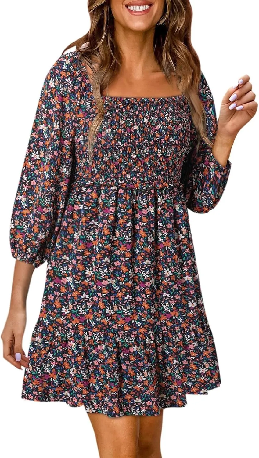 Womens Boho Floral Dresses Smocked Square Neck Puff Sleeve Dress Casual A-Line Swing Mini Vacation Dress