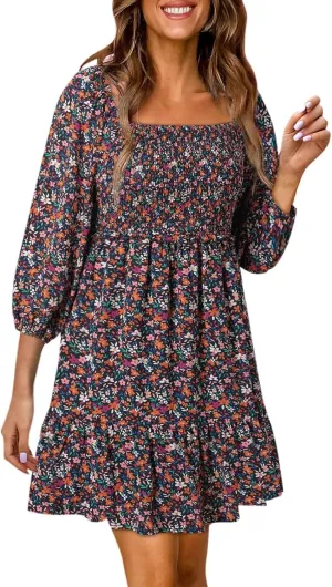 Womens Boho Floral Dresses Smocked Square Neck Puff Sleeve Dress Casual A-Line Swing Mini Vacation Dress