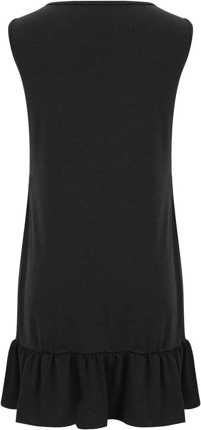 Womens Casual Summer Sun Dresses Sleeveless Beach Cover Up Round Neck Ruffle Hem Mini Dress Sundresses with Pockets