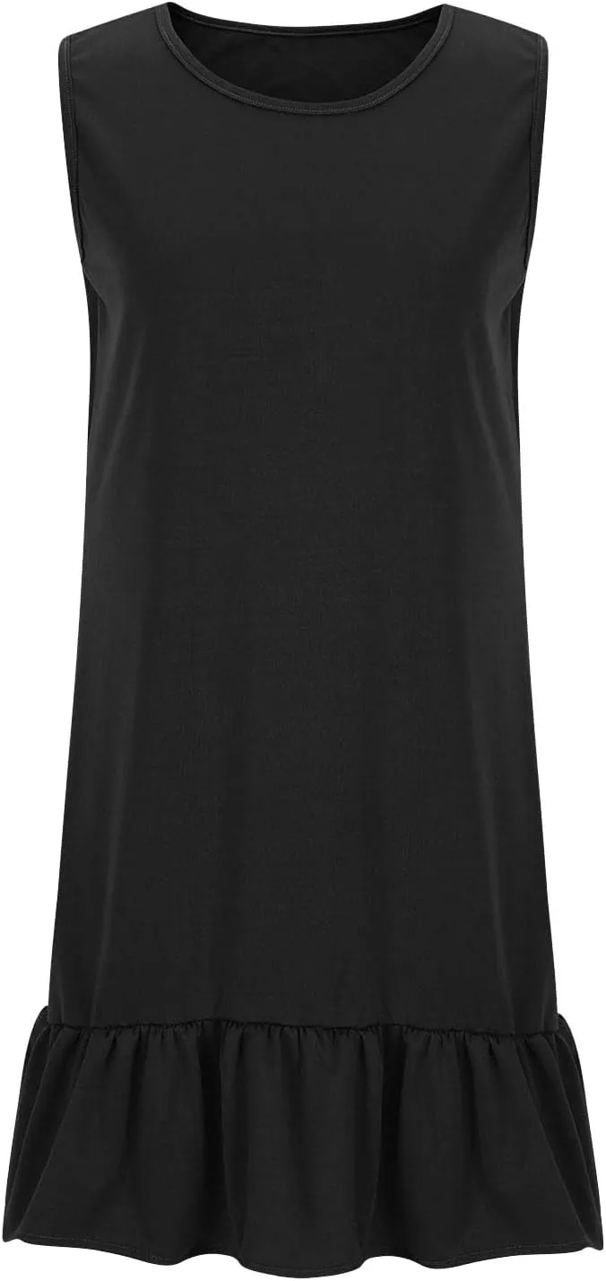 Womens Casual Summer Sun Dresses Sleeveless Beach Cover Up Round Neck Ruffle Hem Mini Dress Sundresses with Pockets