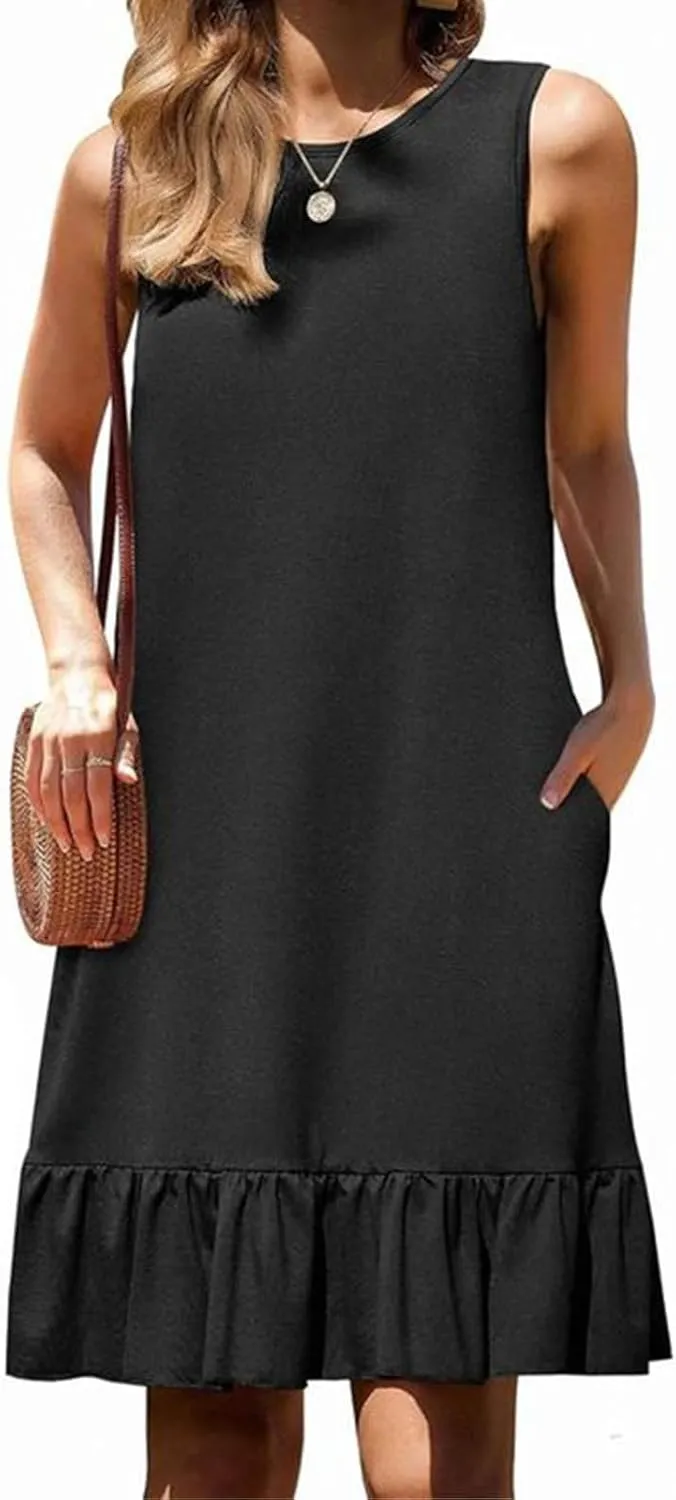 Womens Casual Summer Sun Dresses Sleeveless Beach Cover Up Round Neck Ruffle Hem Mini Dress Sundresses with Pockets