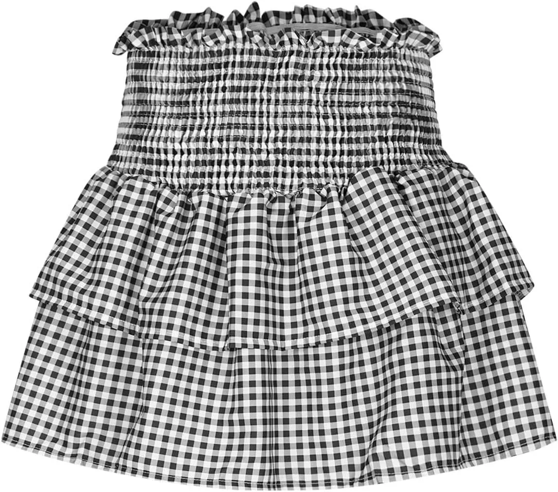 Women's Jacquard Plaid Sexy Mini Skirt, Tiered Ruffled Pleated Casual Skirts Elastic High Waist Summer A-Line Skirt
