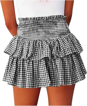 Women's Jacquard Plaid Sexy Mini Skirt, Tiered Ruffled Pleated Casual Skirts Elastic High Waist Summer A-Line Skirt