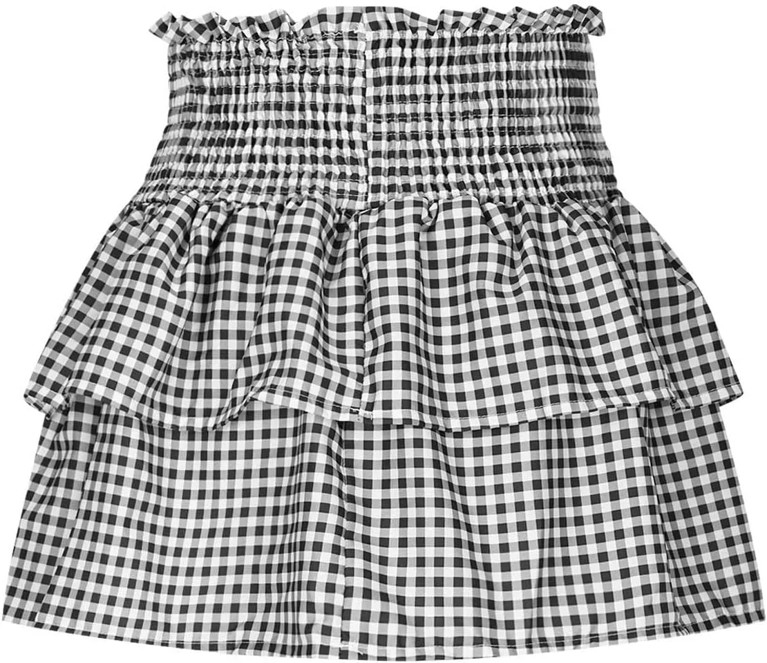 Women's Jacquard Plaid Sexy Mini Skirt, Tiered Ruffled Pleated Casual Skirts Elastic High Waist Summer A-Line Skirt