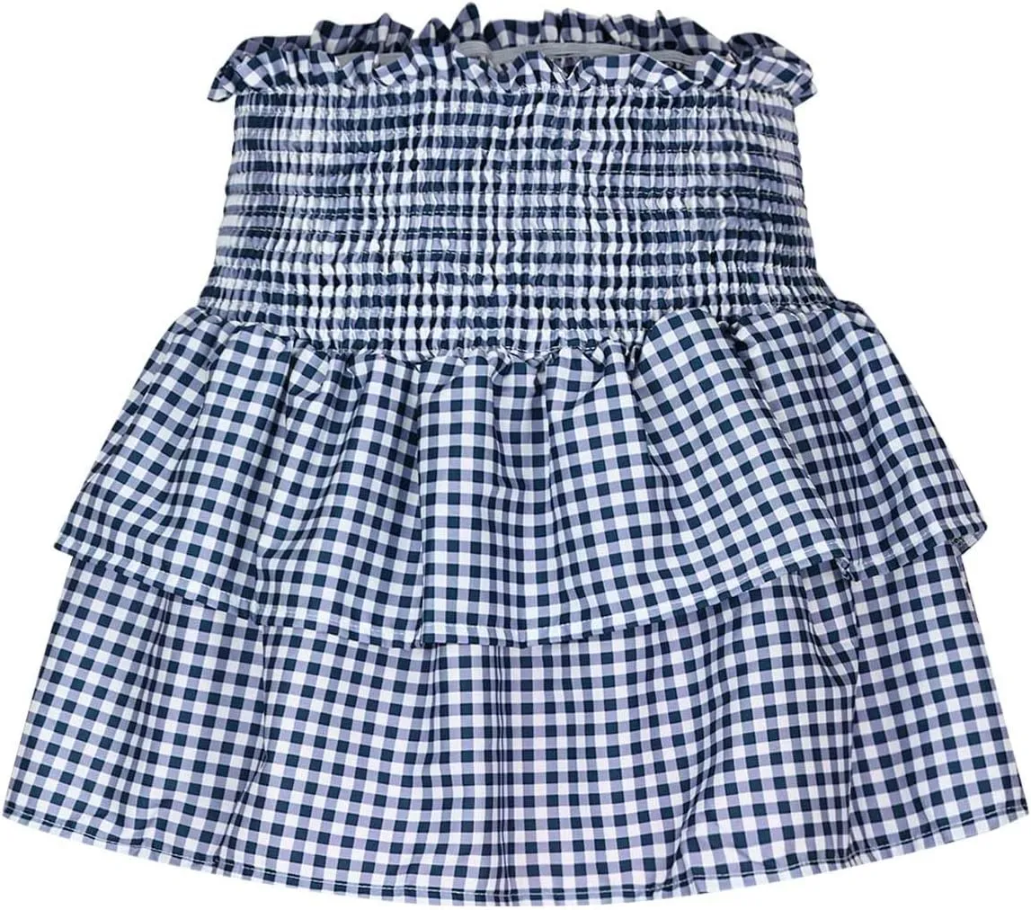 Women's Jacquard Plaid Sexy Mini Skirt, Tiered Ruffled Pleated Casual Skirts Elastic High Waist Summer A-Line Skirt