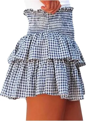 Women's Jacquard Plaid Sexy Mini Skirt, Tiered Ruffled Pleated Casual Skirts Elastic High Waist Summer A-Line Skirt