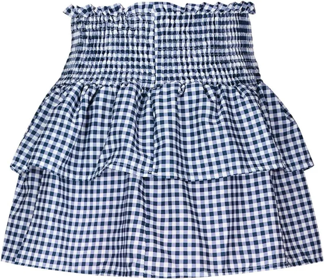 Women's Jacquard Plaid Sexy Mini Skirt, Tiered Ruffled Pleated Casual Skirts Elastic High Waist Summer A-Line Skirt