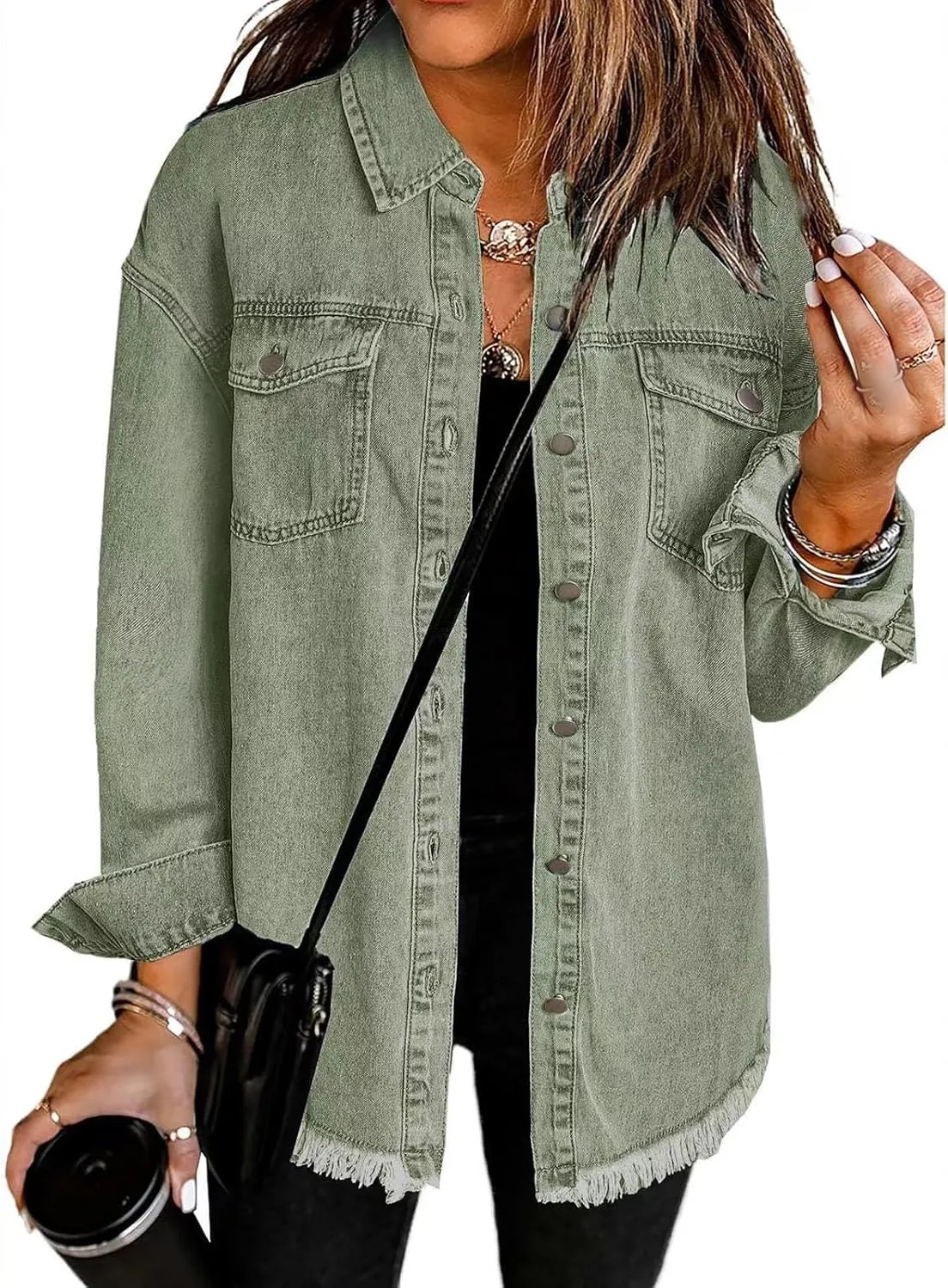 Womens Oversized Denim Jacket Casual Long Boyfriend Button Down Distressed Jean Jacket Fall Shacket Jacket