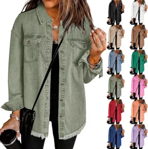Womens Oversized Denim Jacket Casual Long Boyfriend Button Down Distressed Jean Jacket Fall Shacket Jacket
