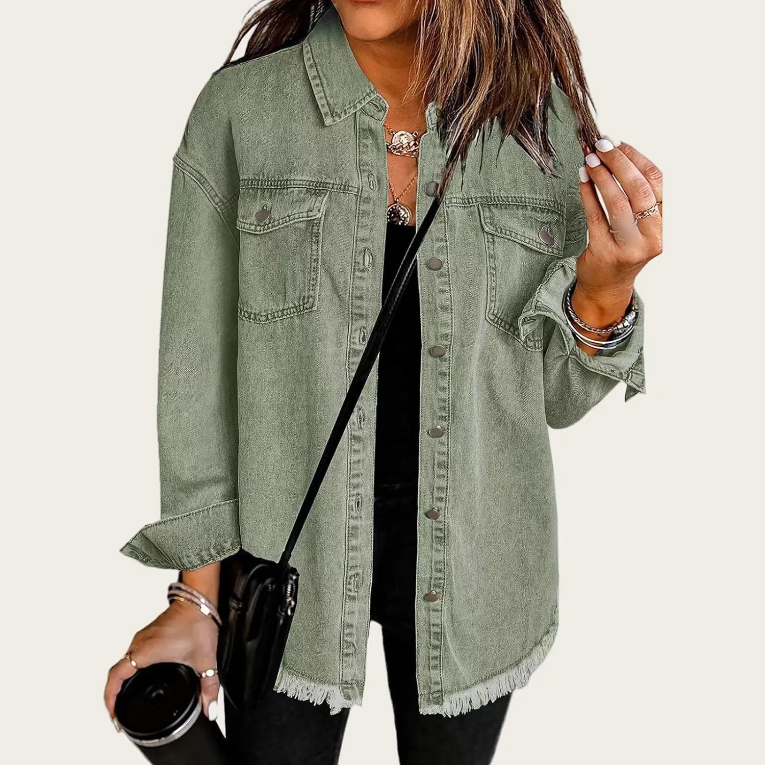 Womens Oversized Denim Jacket Casual Long Boyfriend Button Down Distressed Jean Jacket Fall Shacket Jacket