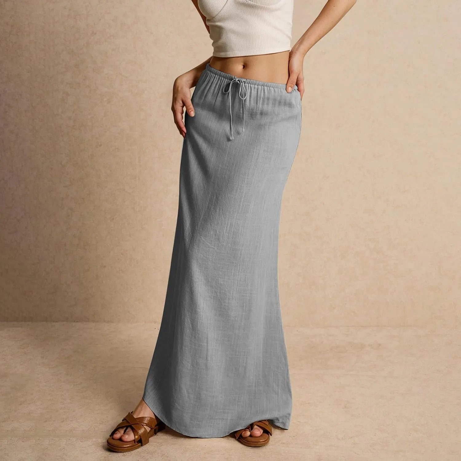 Womens Summer Flowy Linen A-Line Maxi Skirt 2025 Fashion Elastic Waist Pleated Long Beach Skirt