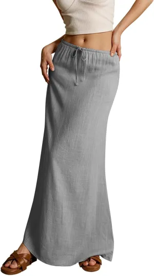 Womens Summer Flowy Linen A-Line Maxi Skirt 2025 Fashion Elastic Waist Pleated Long Beach Skirt