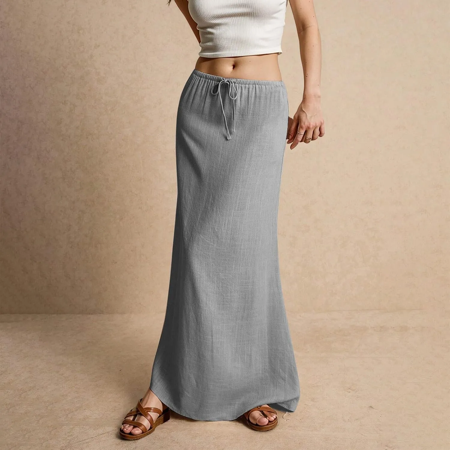 Womens Summer Flowy Linen A-Line Maxi Skirt 2025 Fashion Elastic Waist Pleated Long Beach Skirt