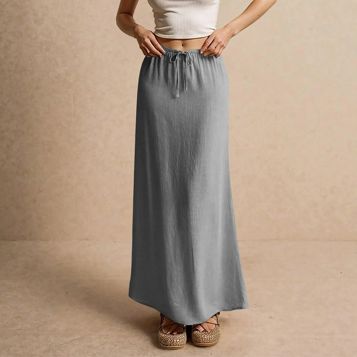 Womens Summer Flowy Linen A-Line Maxi Skirt 2025 Fashion Elastic Waist Pleated Long Beach Skirt